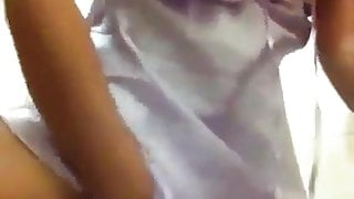 Asian young babe flashing big boob in room