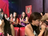 Lewd stripper is getting his strapon sucked by several babes