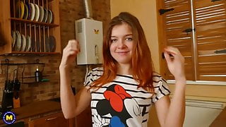 Asian mature stepmom seduce girl on kitchen